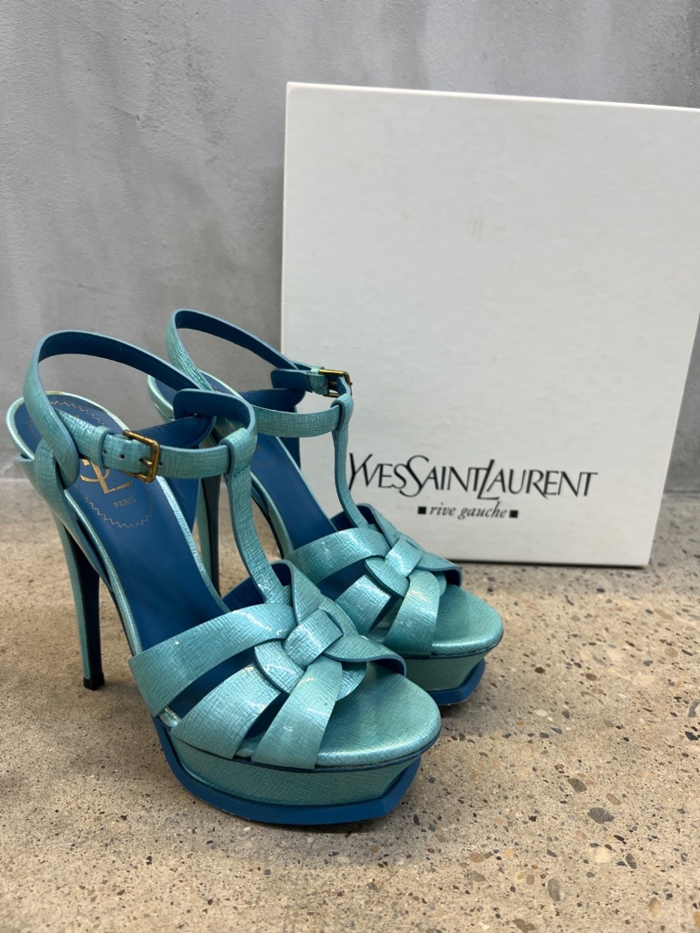 Yves Saint Laurent turquoise woven platform T-strap heels